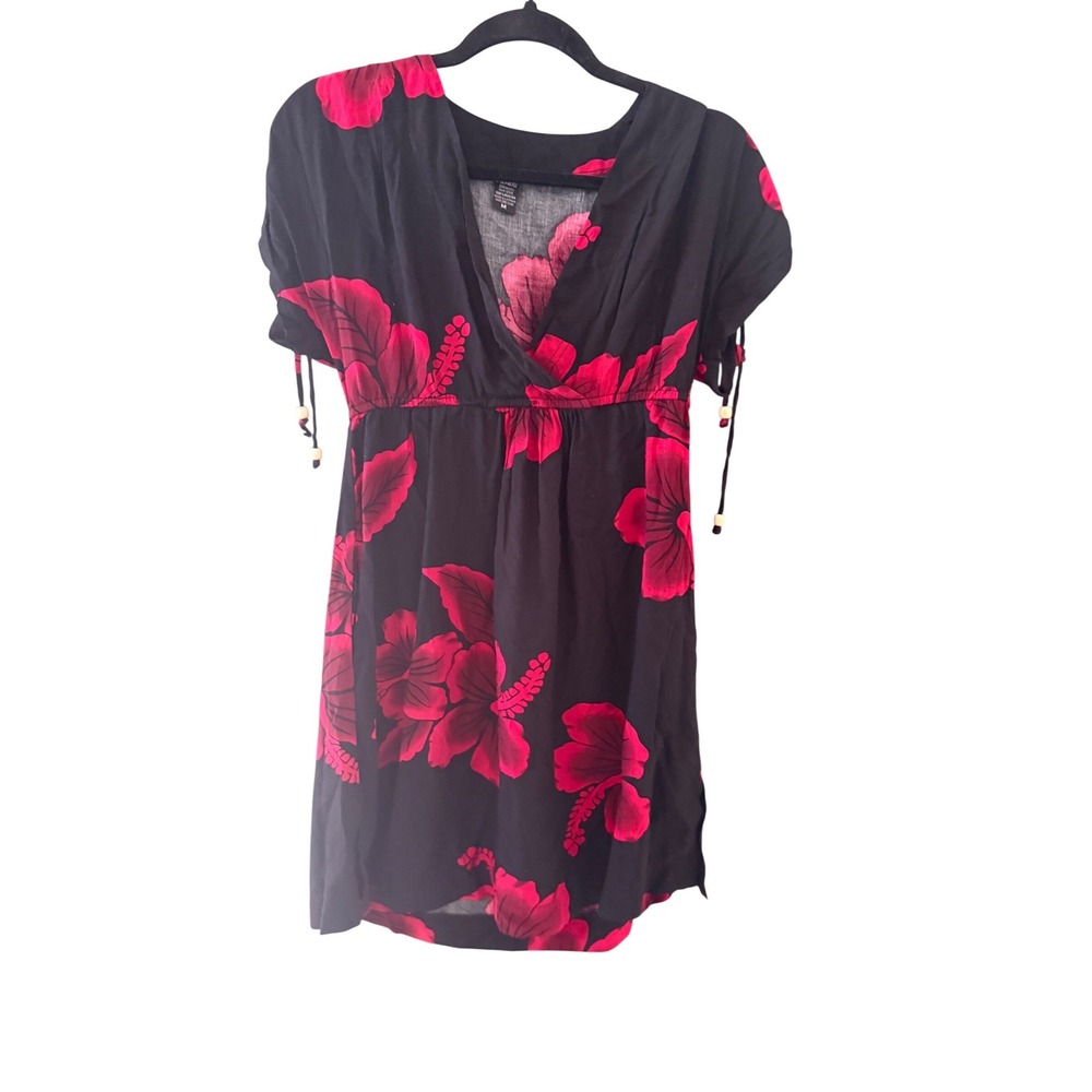 Favant Hawaii Vintage Black Red Hibiscus Floral Rayon V-Neck Mini Dress Medium